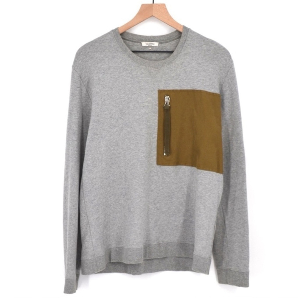 Valentino Made in Italy Gray Crewneck Sweatshirt with Contrast Tan Zip Pocket –M - Picture 4 of 13